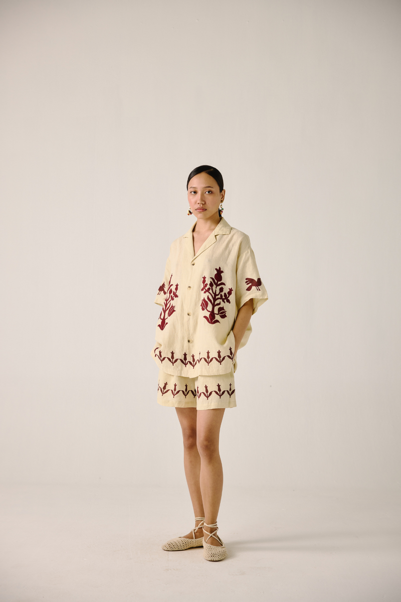 Unisex Shirt - Ivory Bird Applique linen by CORD in ivory for women in Singapore
