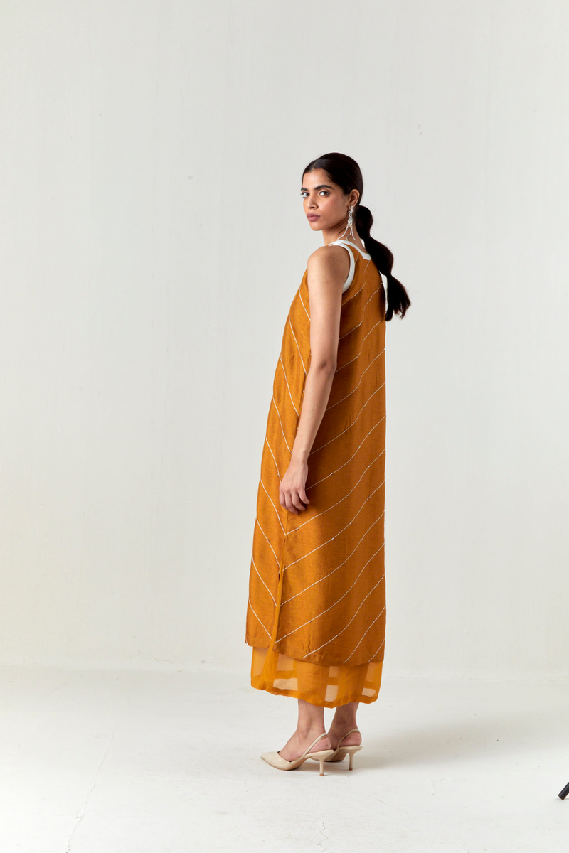 V-NECK EMBELLISHMENT DETAIL DRESS-OCHRE silk by THREE for women in Singapore