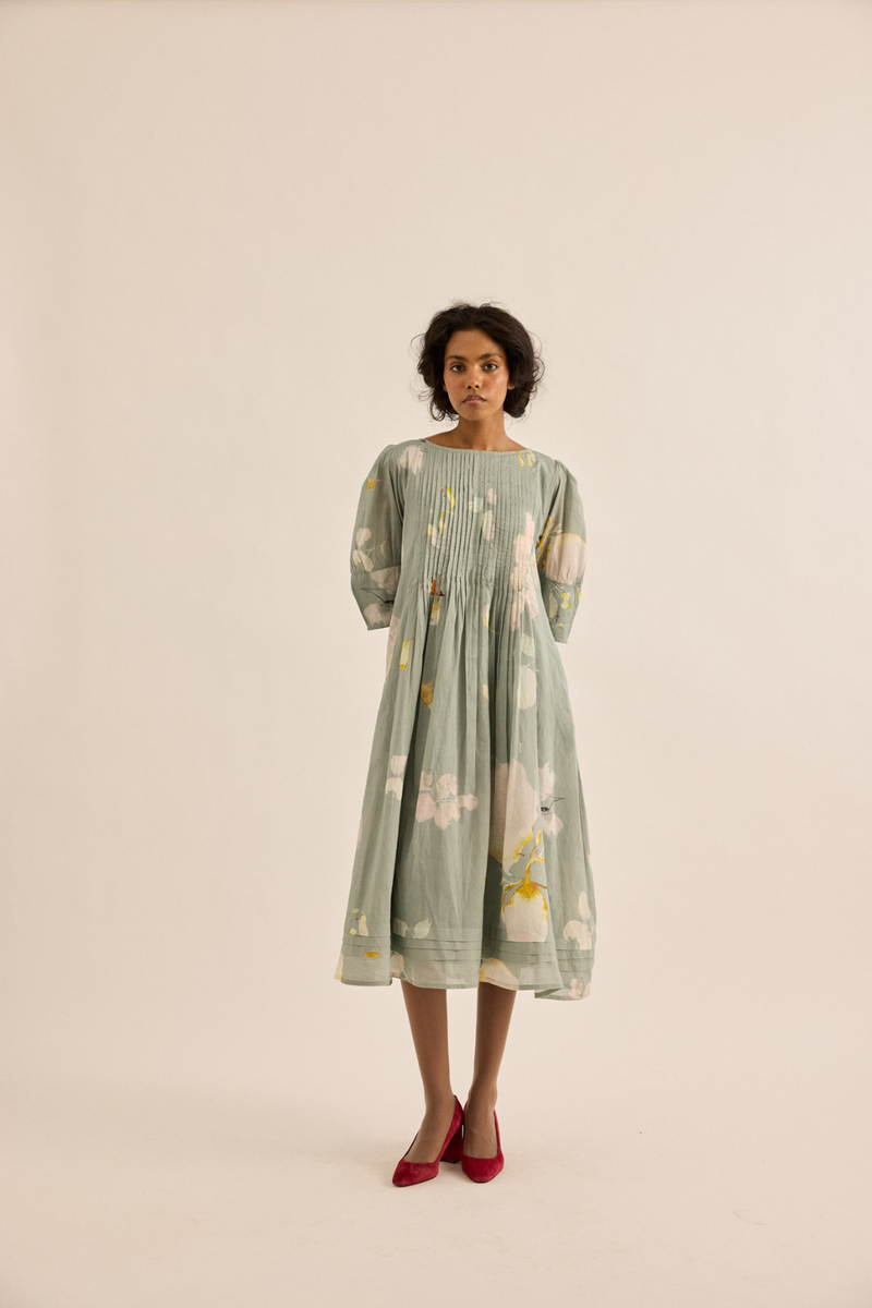Cornflower Dress mul dress by Khara Kapas in sage green for women in Singapore