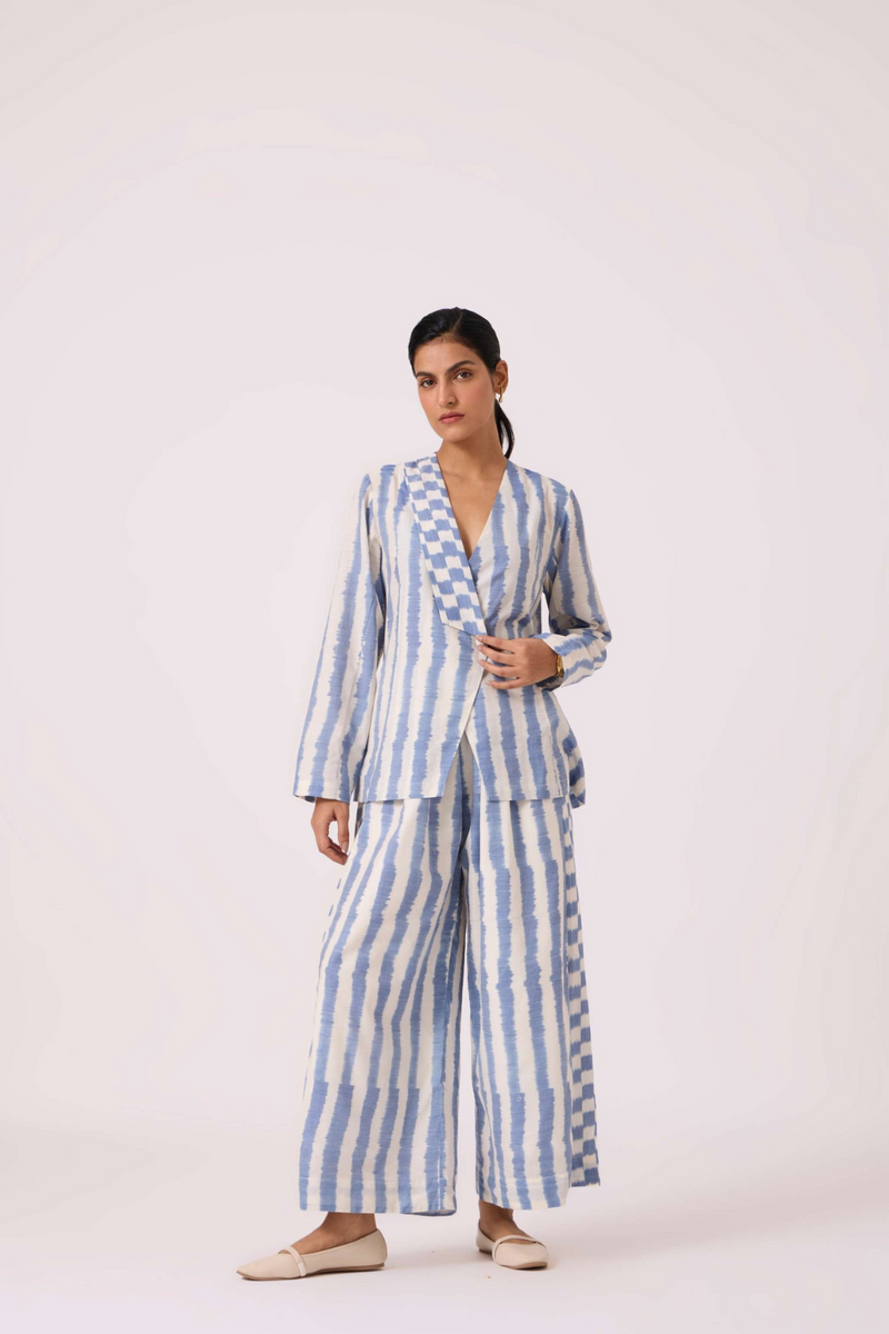 Dimtri Blue Striped Ikat Jacket cotton by The Summer House in blue color for women in Singapore