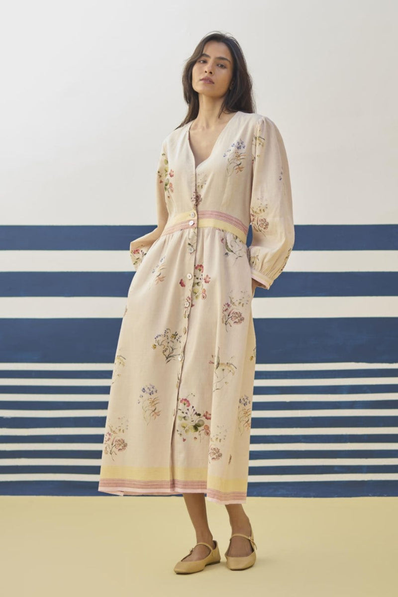 Greta Floral Linen Dress - Sand linen by Manan in natural color for women in Singapore