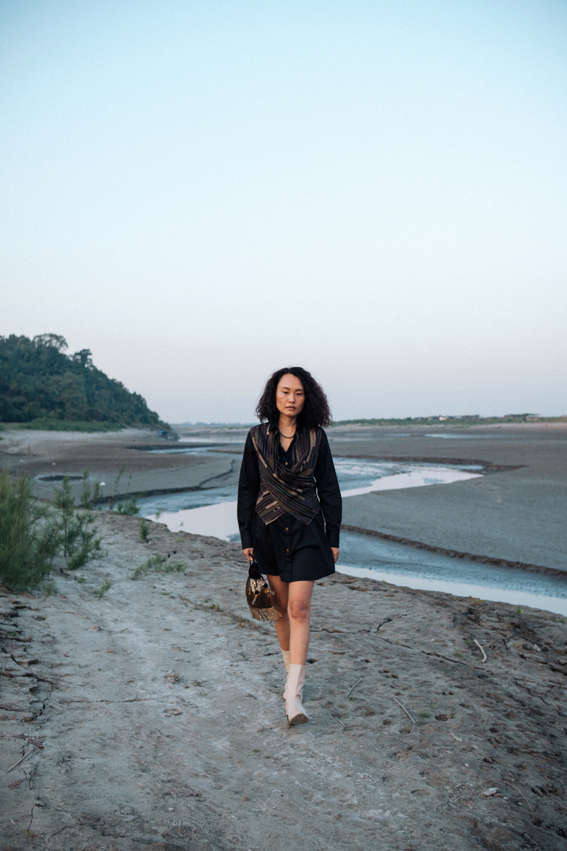 Upcycled Seattle Wrap Short Dress - Black Green cotton by The Terra Tribe in green color for women in Singapore