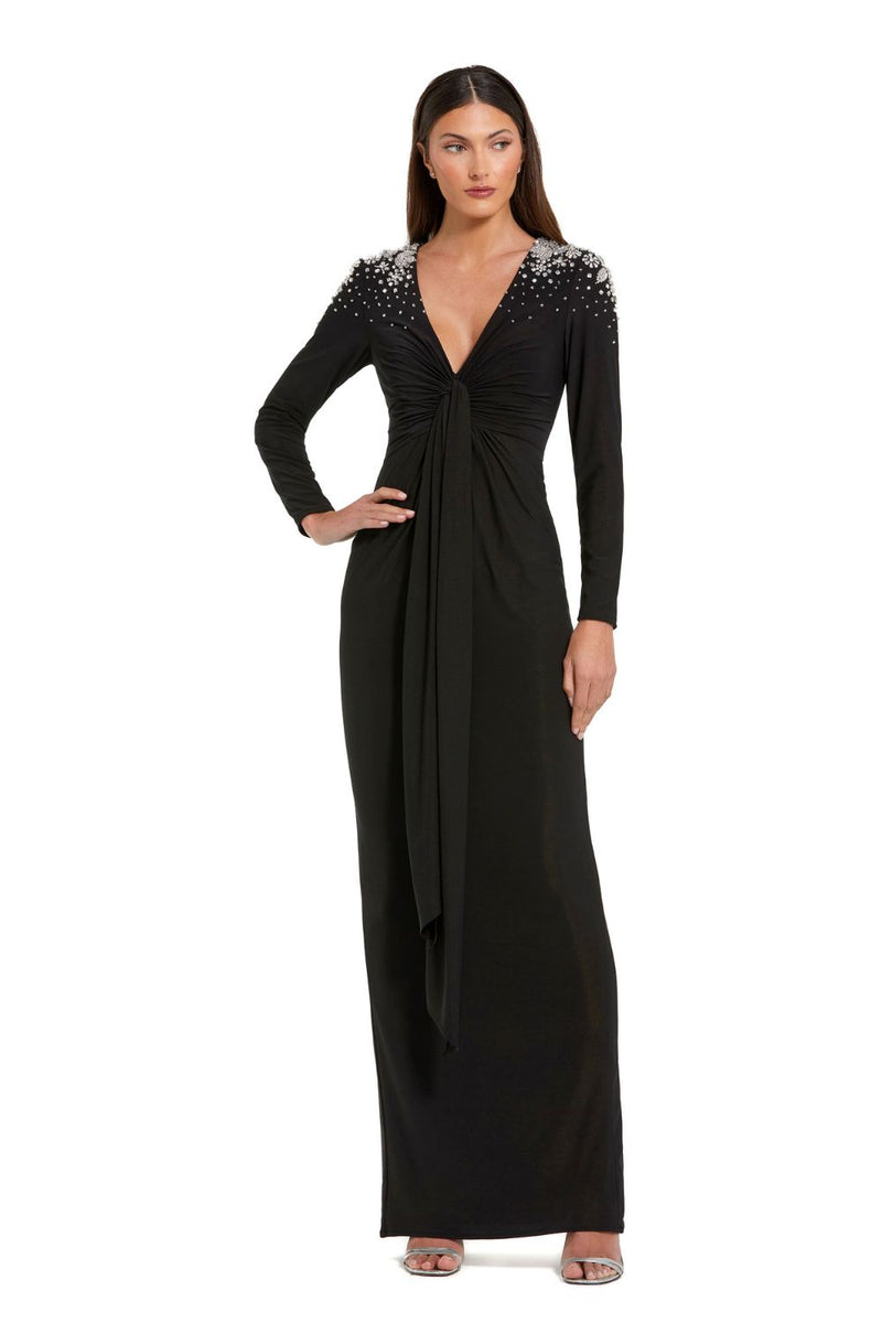 44063-Jersey V Neck Faux Knot Gown With Beaded Shoulders by Mac Duggal in black color for women in Singapore