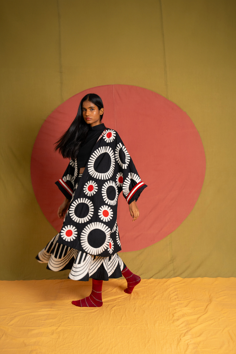 Naseem Moma Jacket-Black, white and Red kora cotton jacket/overlay by Ka-Sha in red for women in Singapore