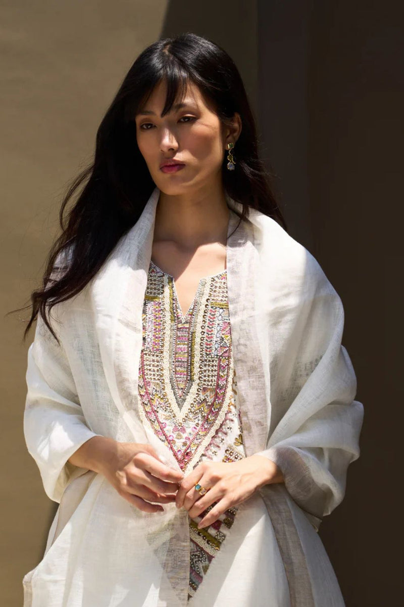 Afra Hand-Embroidered Kurta - Ivory linen by Manan in white color for women in Singapore