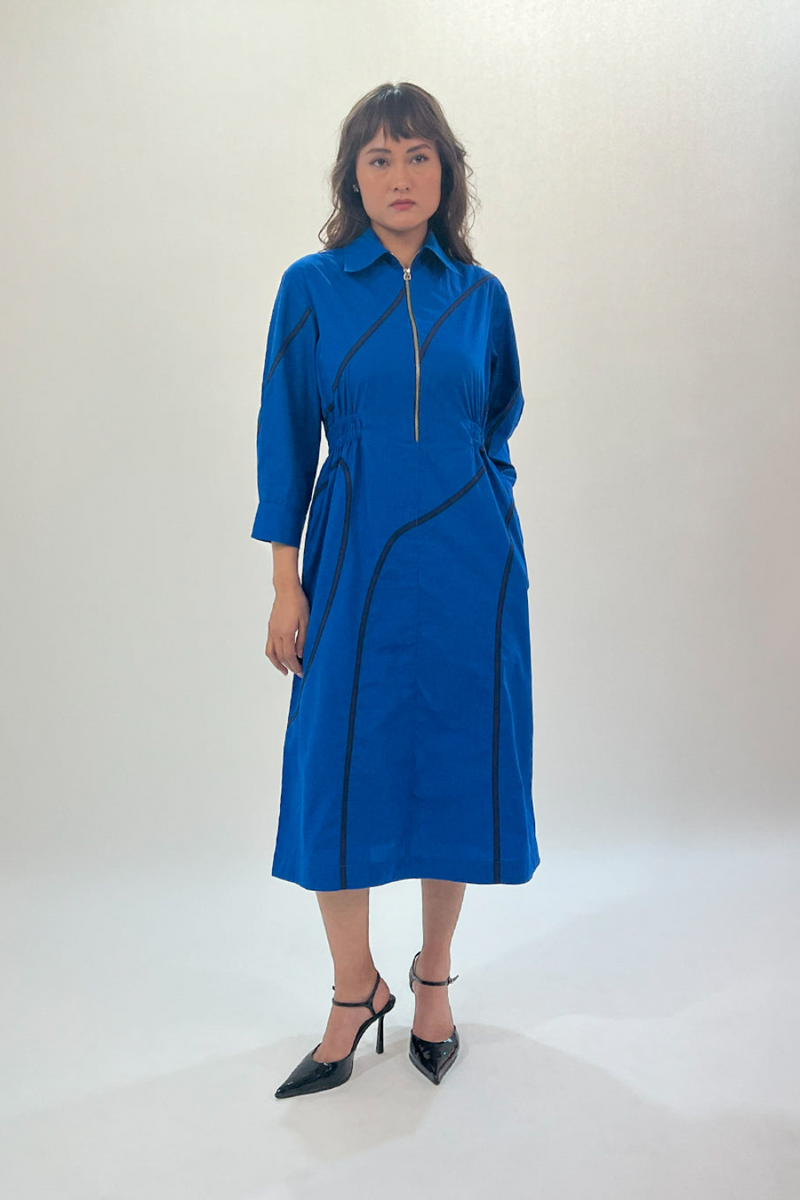 Yara tape dress-E.blue & Navy 100% cotton Buy Yara tape dress-E.blue & Navy from C&W | Dresses for Women by Leh Studios in navy color for women in Singapore