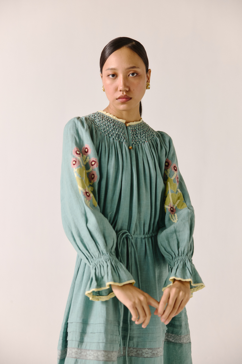 Edith Dress - Pale Blue Pixel Applique linen by CORD in blue for women in Singapore