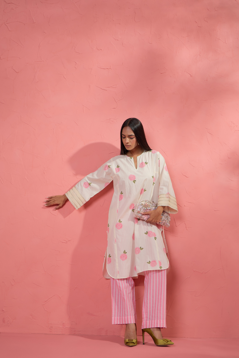 Gul Rose Set 3 cotton cambric light kurta set by AAVIDI in off white for women in Singapore