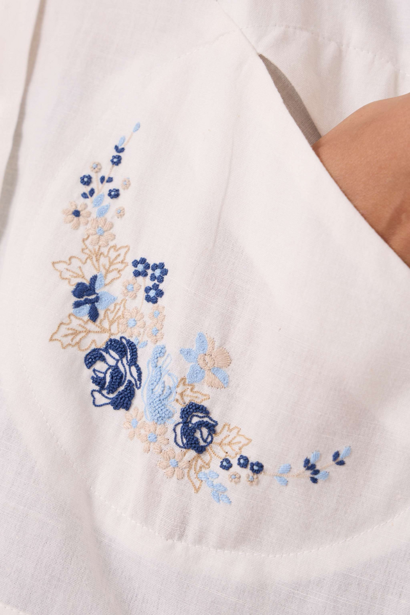 Sibyl Handwoven Embrodiered Shirt cotton by The Summer House in beige color for women in Singapore