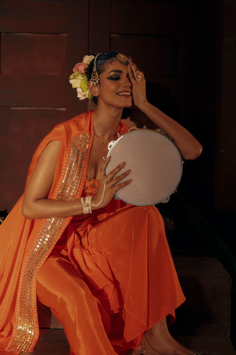 Mangala Blouse Skirt & Cape Set- Orange