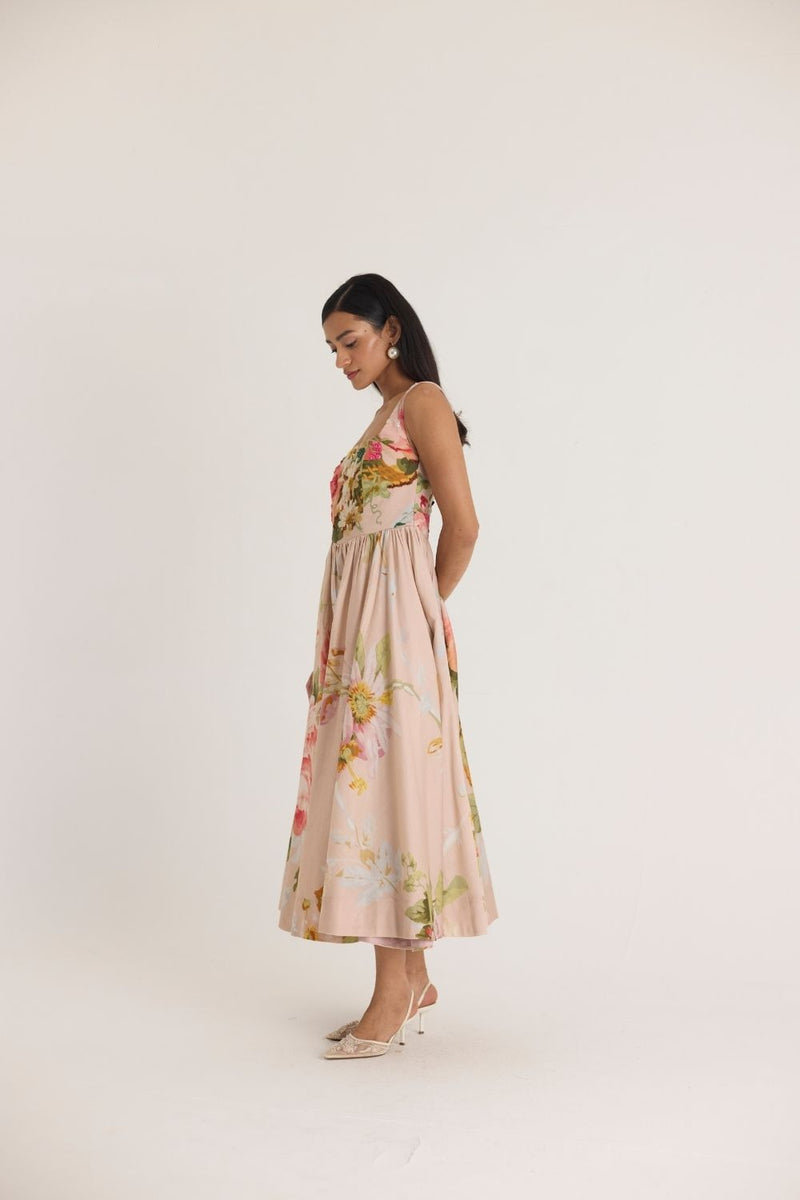 HAZEL EMBROIDERED DRESS satin by Yam in pink color for women in Singapore