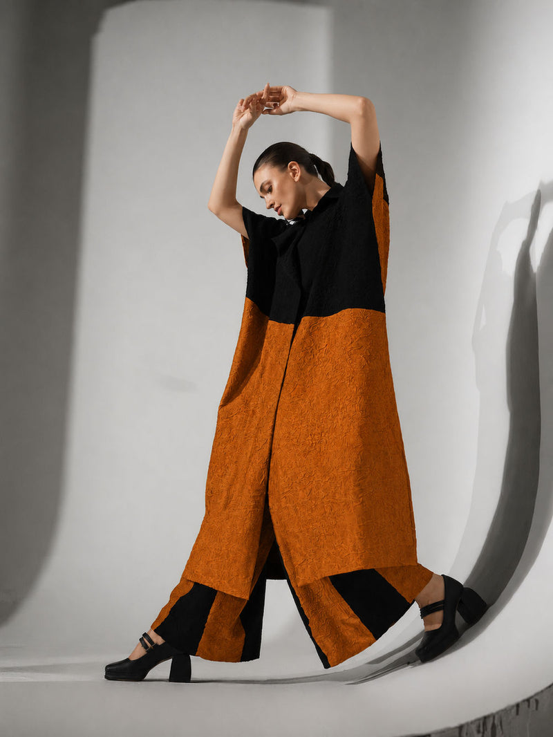 Awaken Tunic-Black + Ochre crushed silk tunics and kaftans by Stoique in black, ochre for women in Singapore
