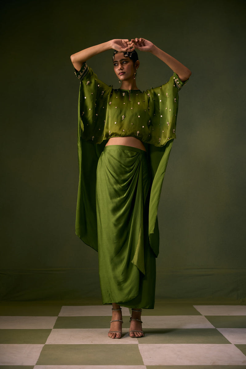 Nexa Lite Antifit Top with Wrap Skirt vegan satin, organza satin indo-western by PRAHNAAYA in green for women in Singapore