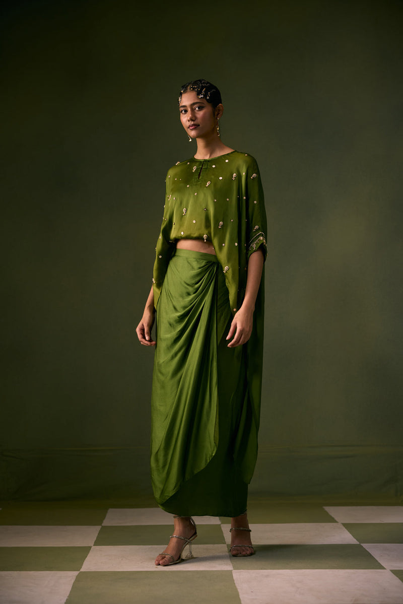 Nexa Lite Antifit Top with Wrap Skirt vegan satin, organza satin indo-western by PRAHNAAYA in green for women in Singapore