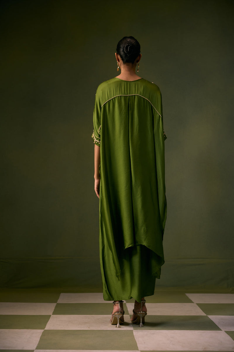 Nexa Lite Antifit Top with Wrap Skirt vegan satin, organza satin indo-western by PRAHNAAYA in green for women in Singapore