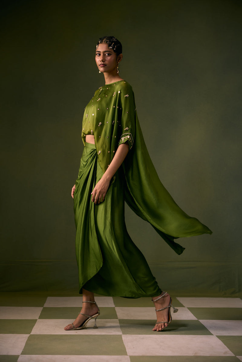 Nexa Lite Antifit Top with Wrap Skirt vegan satin, organza satin indo-western by PRAHNAAYA in green for women in Singapore