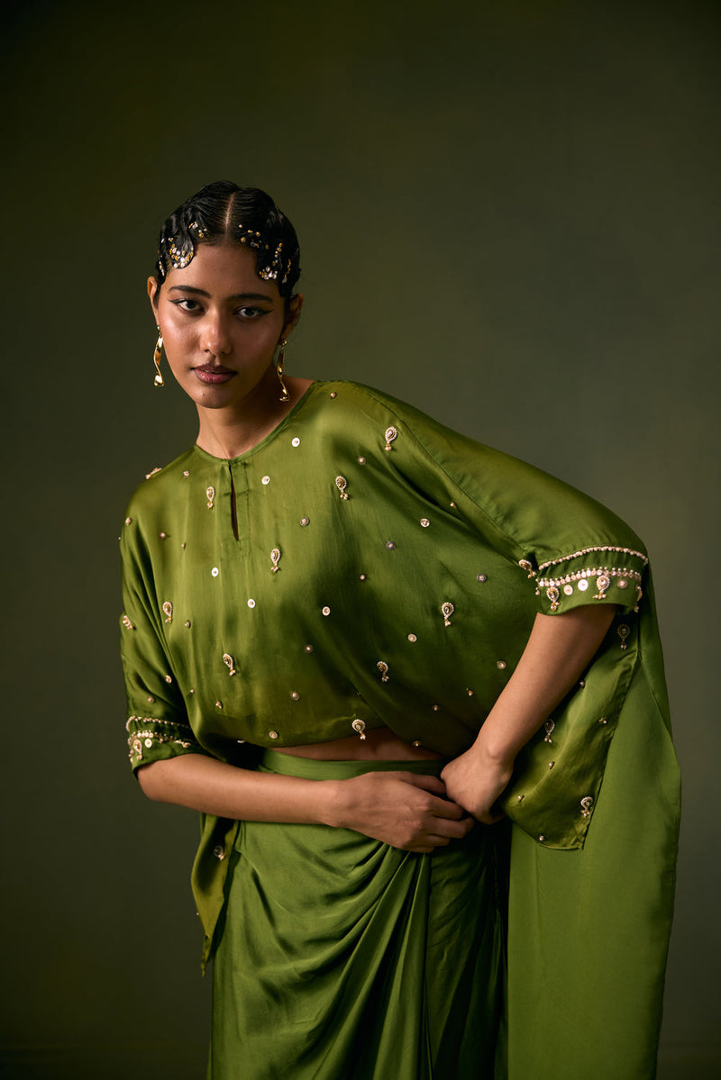 Nexa Lite Antifit Top with Wrap Skirt vegan satin, organza satin indo-western by PRAHNAAYA in green for women in Singapore
