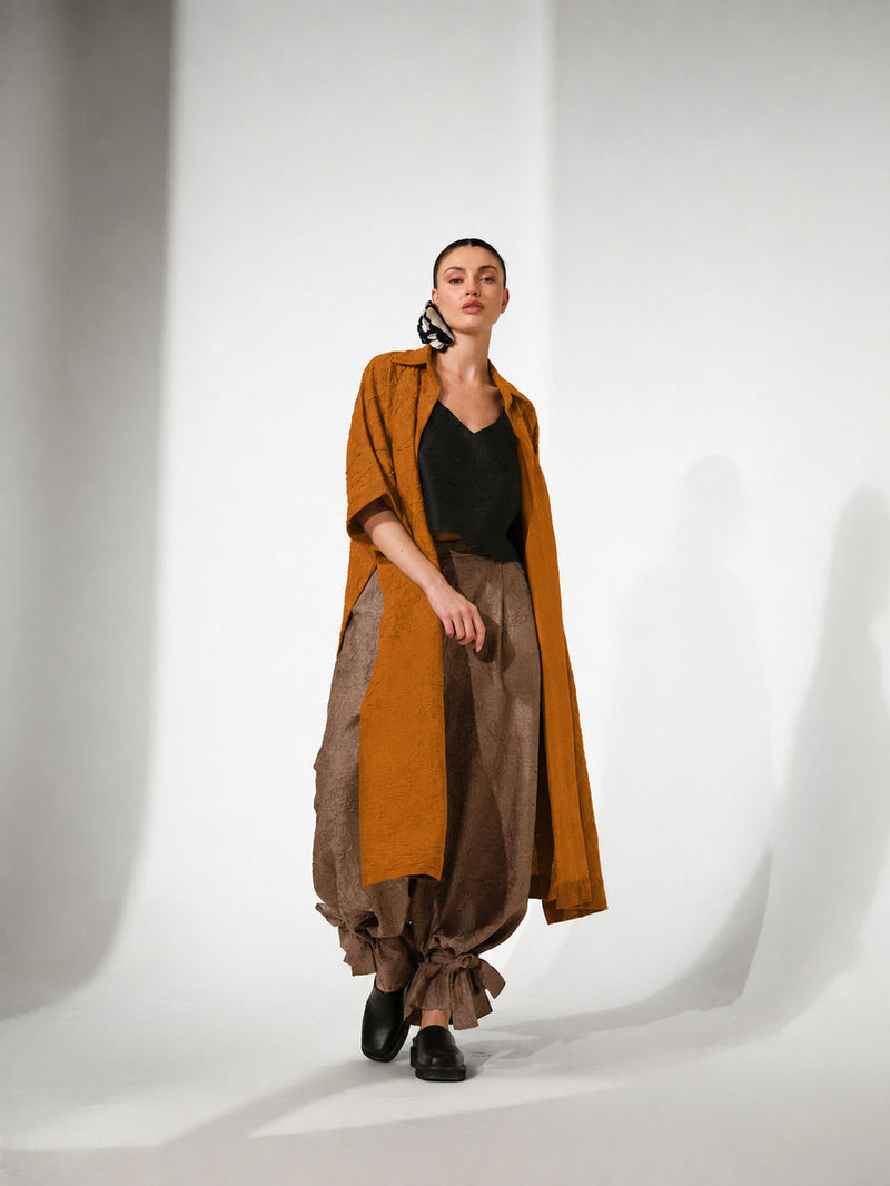 Grain Overlay-Ochre + Black crushed silk jacktes and overlays by Stoique in ochre, black for women in Singapore