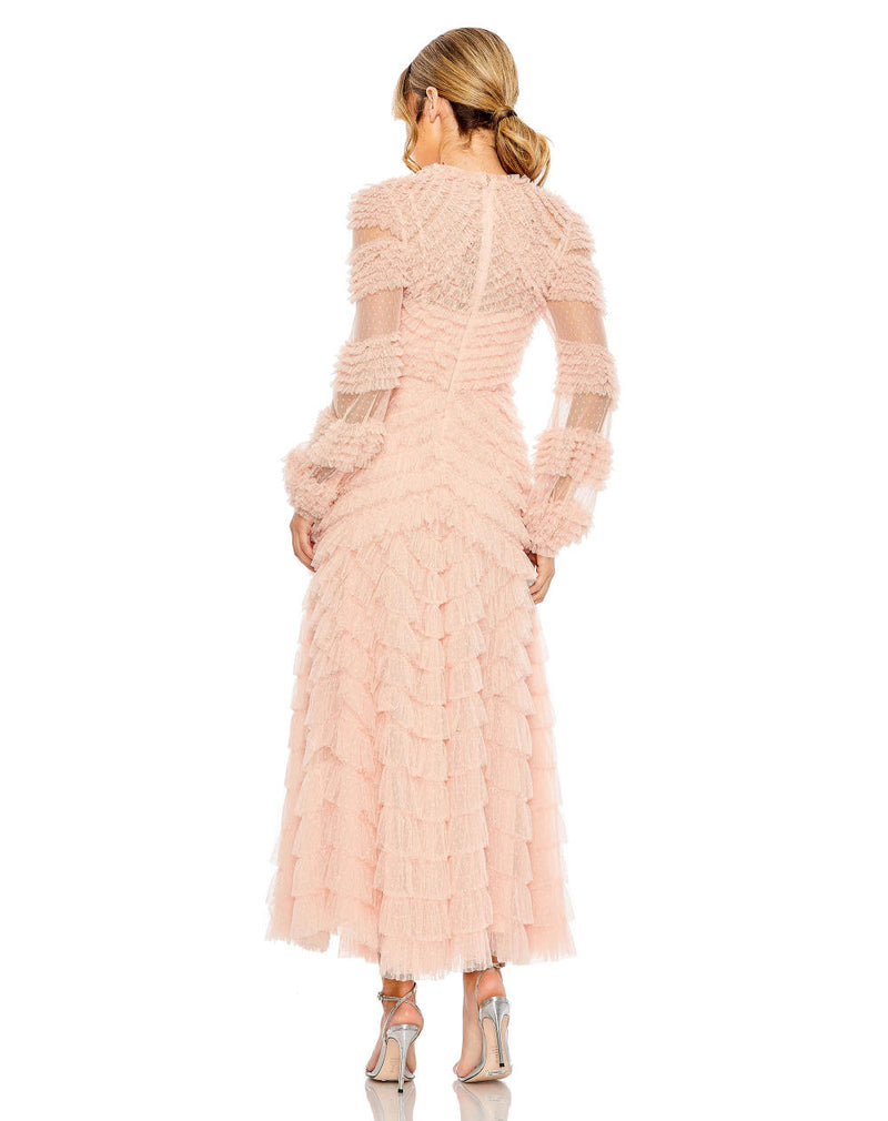 MD-8057 Overlay Frilled Dress-Peach by Mac Duggal in peach color for women in Singapore