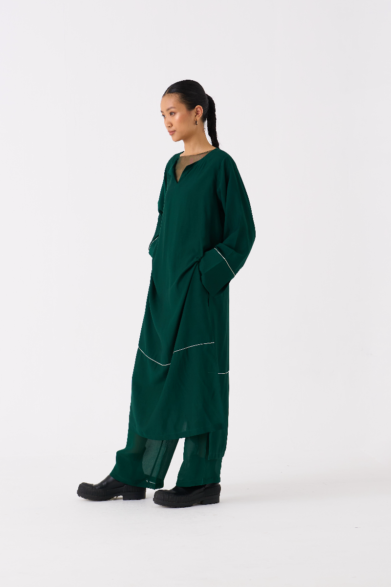 V-NECK KAFTAN- DARK GREEN bemberg by THREE in green color for women in Singapore