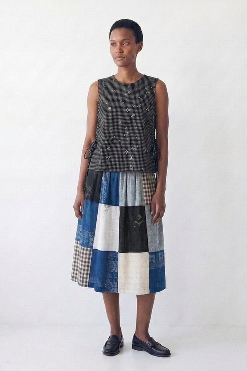 The Cinch Top–Black Grid Jamdani cotton jamdani top/shirt by World of Crow in black for women in Singapore