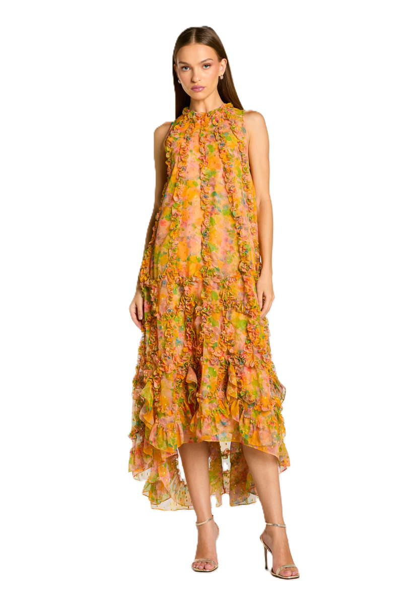 8103 - Mango Sleeveless Floral Chiffon Micro Ruffle Midi Dress chiffon by Mac Duggal in orange color for women in Singapore