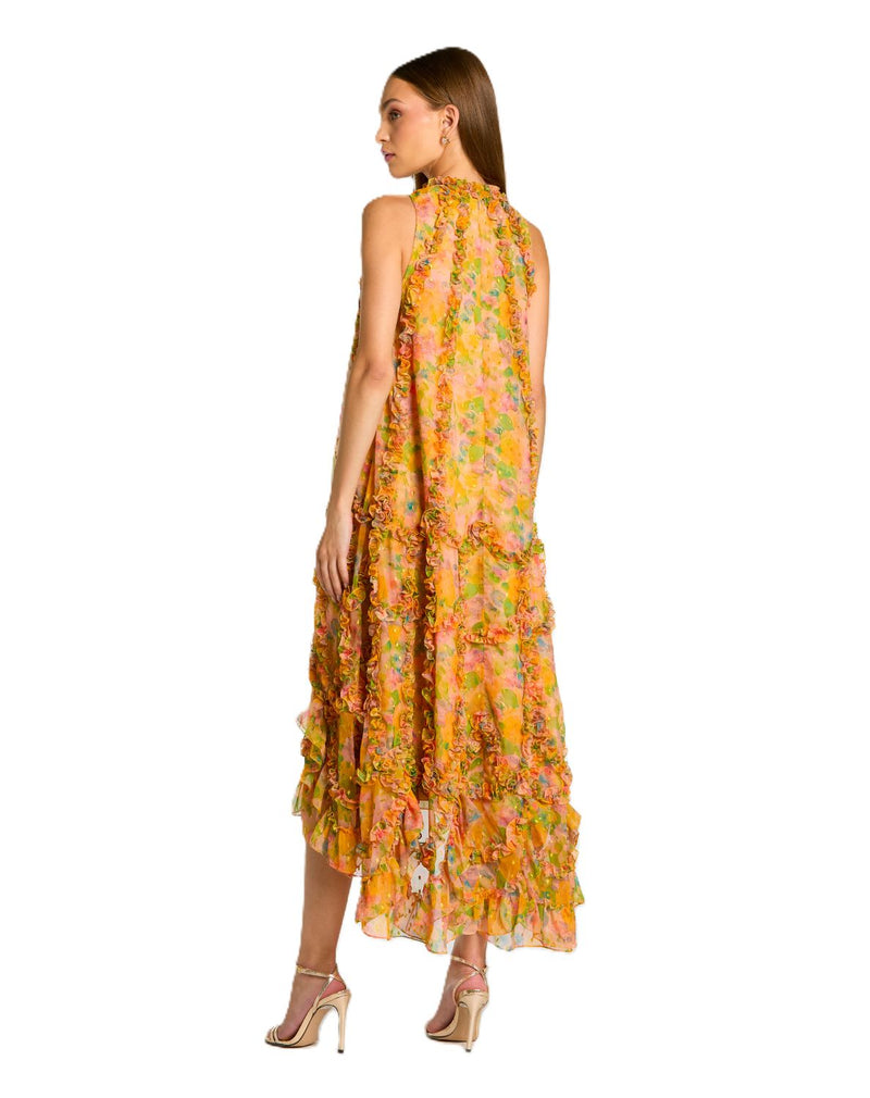 8103 - Mango Sleeveless Floral Chiffon Micro Ruffle Midi Dress chiffon by Mac Duggal in orange color for women in Singapore