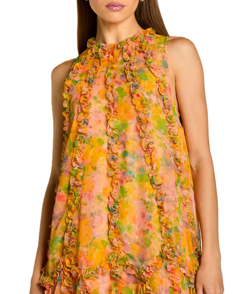 8103 - Mango Sleeveless Floral Chiffon Micro Ruffle Midi Dress chiffon by Mac Duggal in orange color for women in Singapore