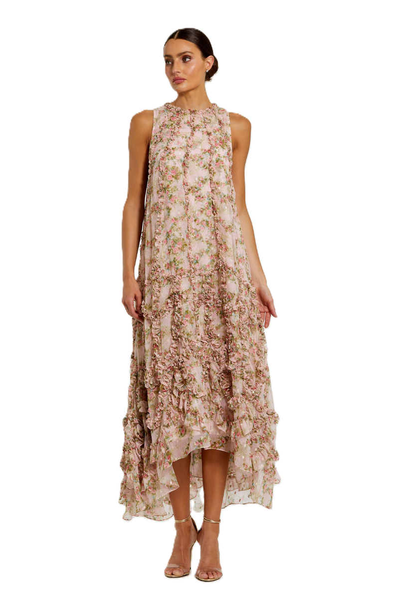 8103 - Pink Sleeveless Floral Chiffon Micro Ruffle Midi Dress chiffon by Mac Duggal in pink color for women in Singapore