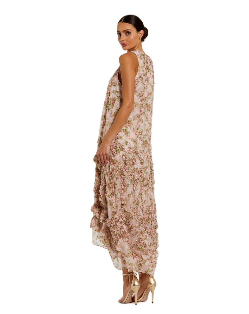 8103 - Pink Sleeveless Floral Chiffon Micro Ruffle Midi Dress chiffon by Mac Duggal in pink color for women in Singapore