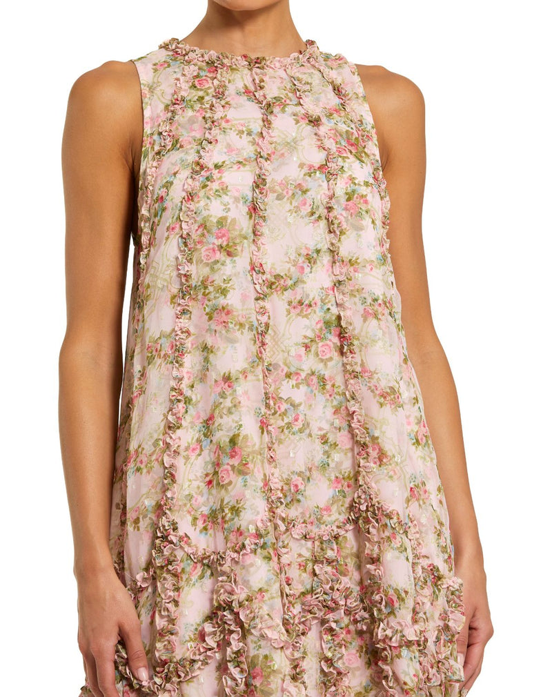 8103 - Pink Sleeveless Floral Chiffon Micro Ruffle Midi Dress chiffon by Mac Duggal in pink color for women in Singapore