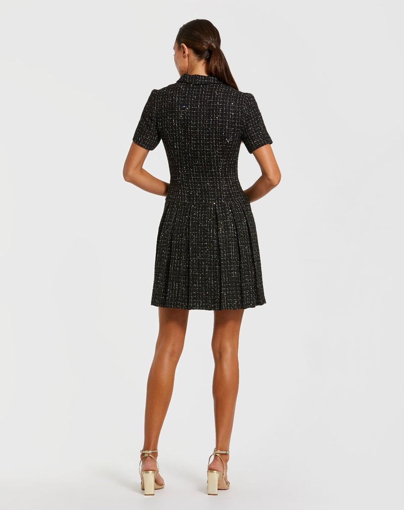 81200-Black Short Sleeve V Neck Tweed Blazer Mini Dress by Mac Duggal in black color for women in Singapore