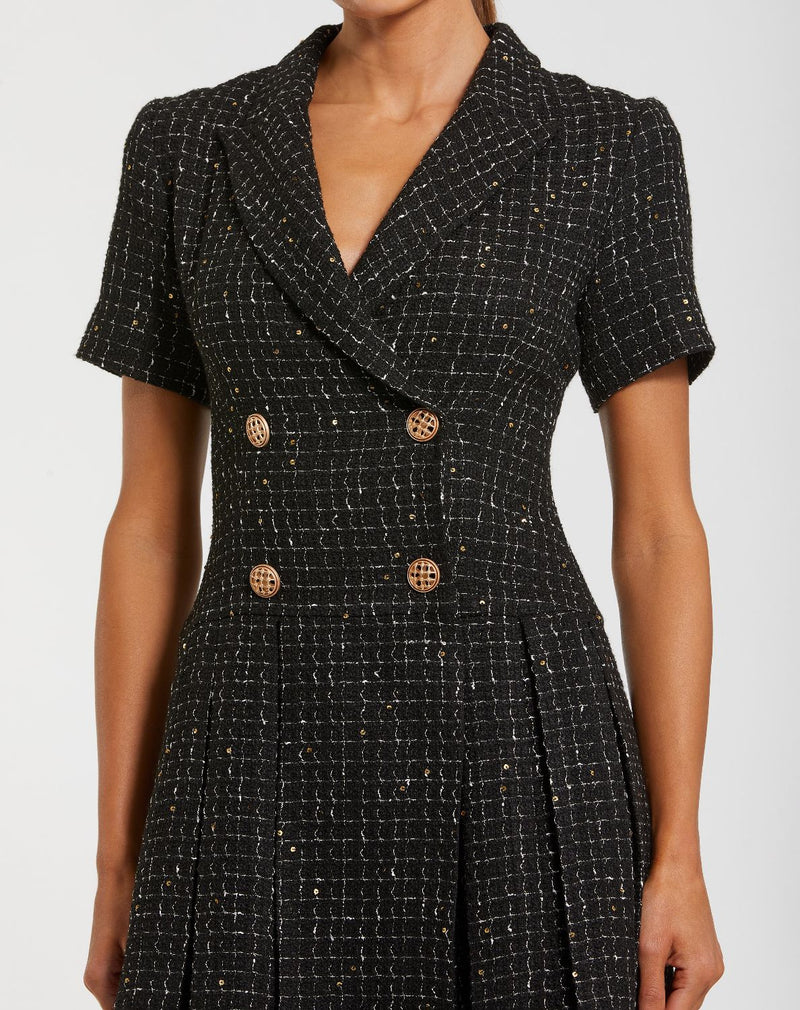 81200-Black Short Sleeve V Neck Tweed Blazer Mini Dress by Mac Duggal in black color for women in Singapore