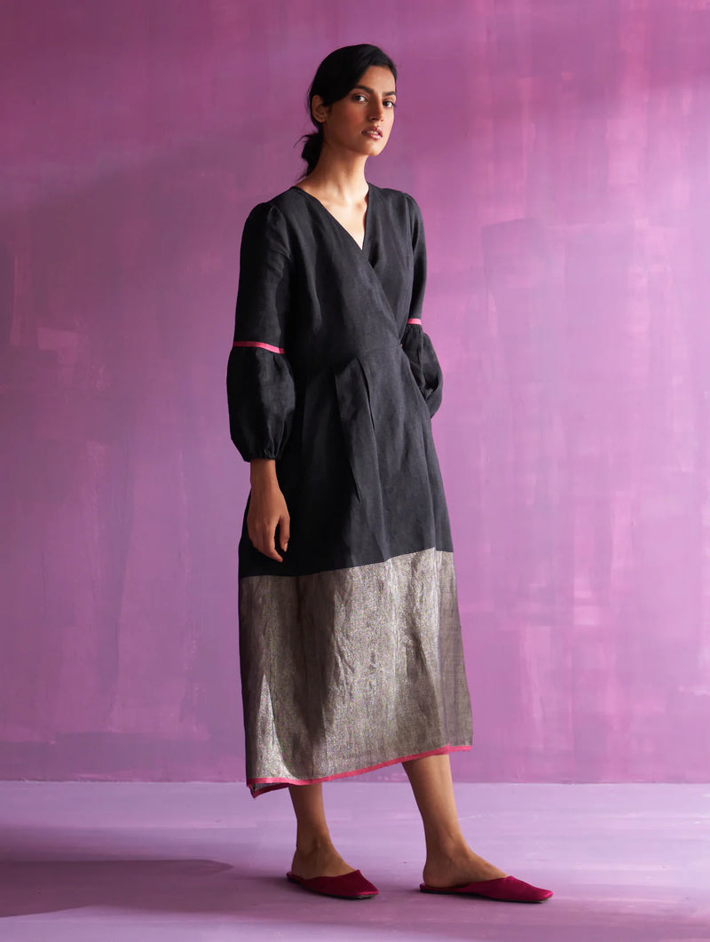 Zaina Metallic Wrap Dress - Black linen by Manan in black color for women in Singapore