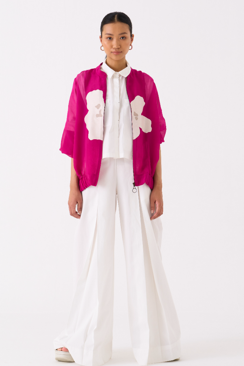 FLORAL APPLIQUE BOMBER JACKET CO-ORD (SET OF 3)-FUSCHIA poplin by THREE for women in Singapore