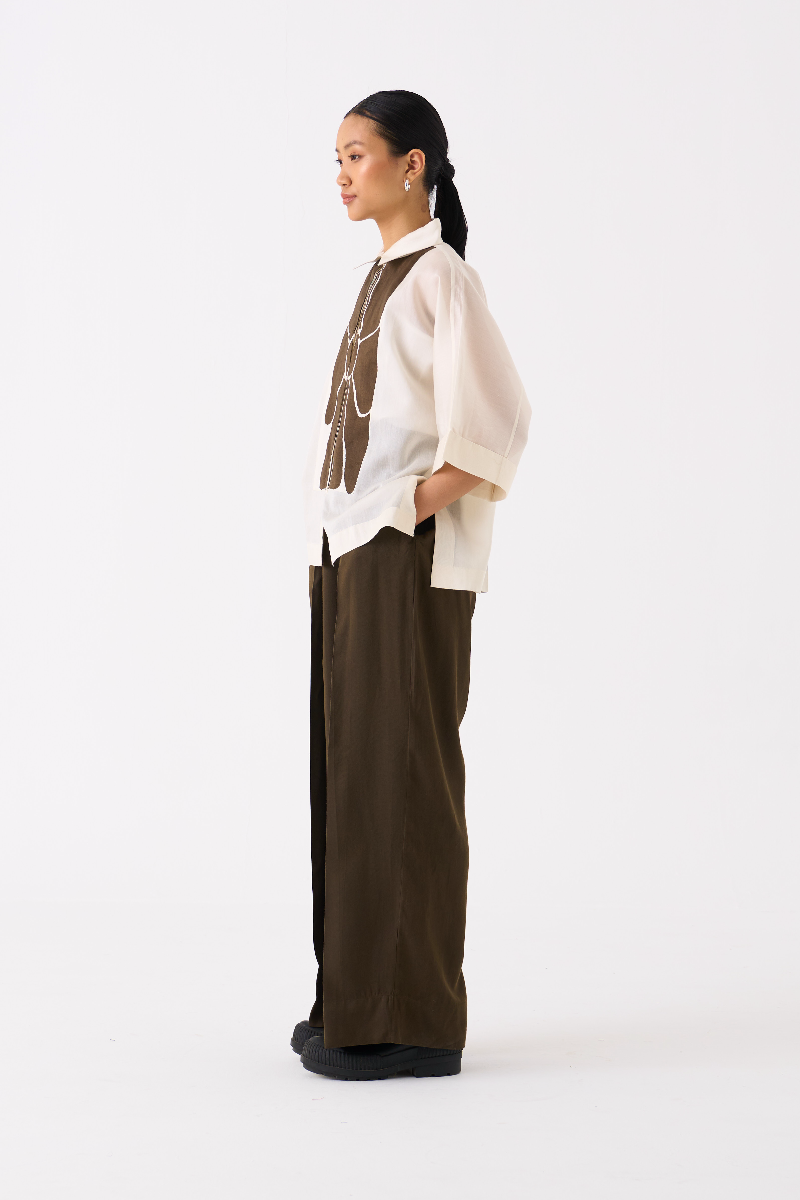 FLORAL APPLIQUE SHIRT-IVORY chanderi by THREE in ivory color for women in Singapore