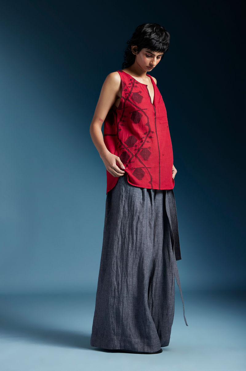 Crimson Top-Red cotton by Chola in red color for women in Singapore
