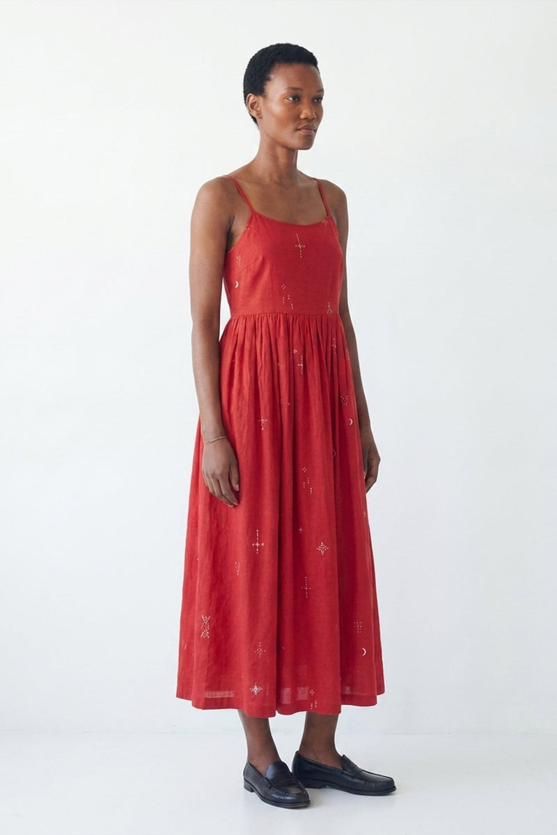The Block Bloom Midi Dress-Red cotton jamdani dress by World of Crow in red for women in Singapore