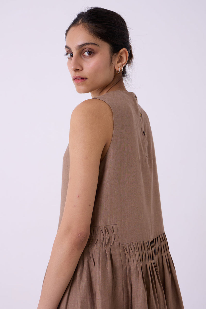 Sumi Brown Colourblocked Linen Midi Dress linen dress by The Summer House in brown for women in Singapore