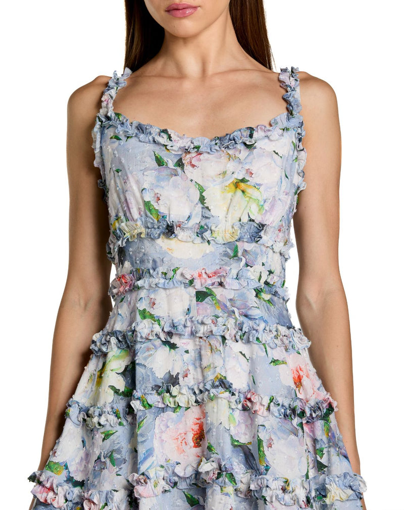 8257 - Blue Floral Square Neck Ruffled Cotton Mini Dress polyester cocktail/party dress by Mac Duggal in blue for women in Singapore