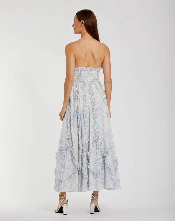 8265-Floral Cotton Ruffle Strapless Gown by Mac Duggal in blue color for women in Singapore