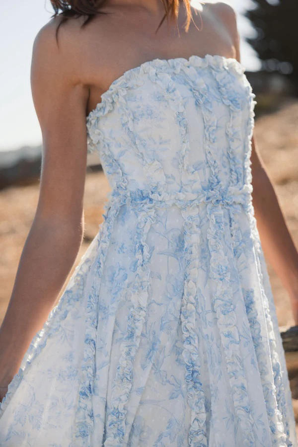 8265-Floral Cotton Ruffle Strapless Gown by Mac Duggal in blue color for women in Singapore
