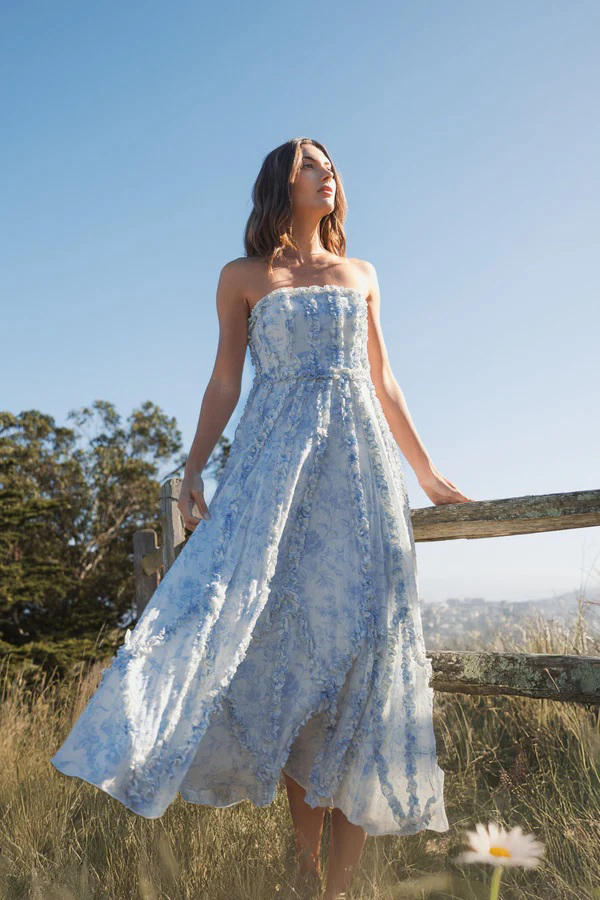 8265-Floral Cotton Ruffle Strapless Gown by Mac Duggal in blue color for women in Singapore