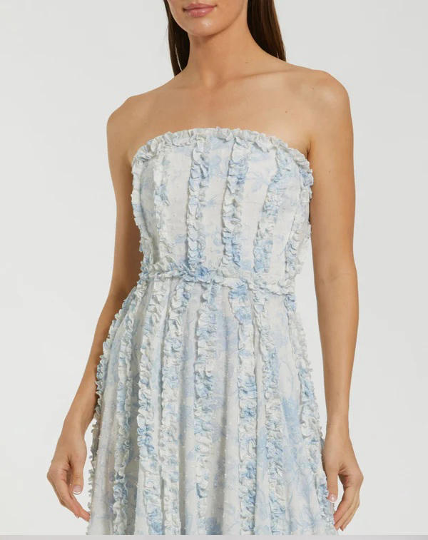 8265-Floral Cotton Ruffle Strapless Gown by Mac Duggal in blue color for women in Singapore