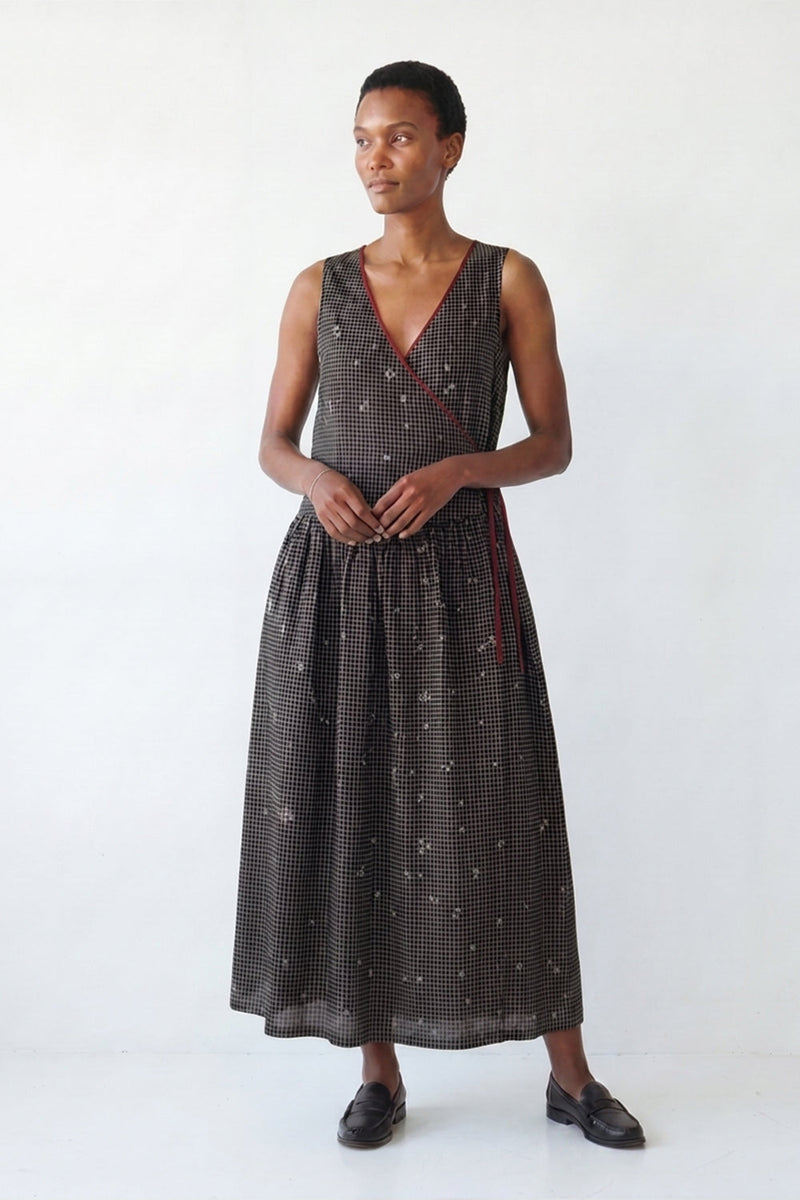 The Grid Wrap Dress-Black cotton jamdani dress by World of Crow in black for women in Singapore