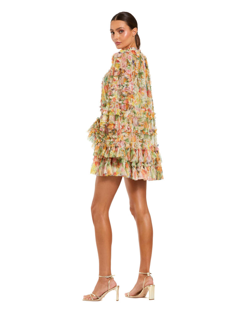 8300-Printed Mesh Ruffle High Neck Mini Dress by Mac Duggal for women in Singapore