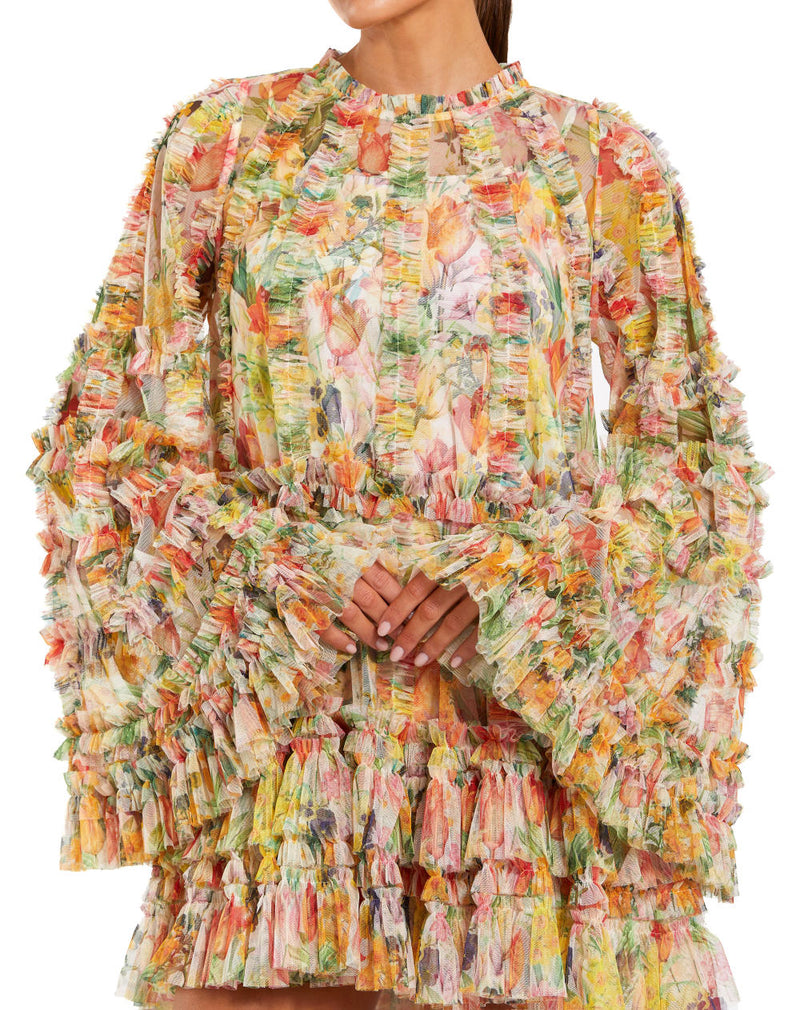 8300-Printed Mesh Ruffle High Neck Mini Dress by Mac Duggal for women in Singapore
