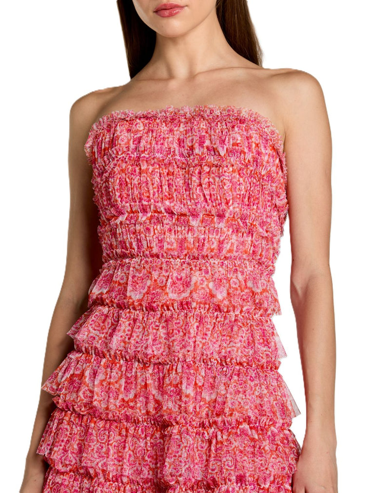 8301 - Pink Floral Strapless Ruffle Maxi Dress polyester cocktail/party dress by Mac Duggal in pink for women in Singapore