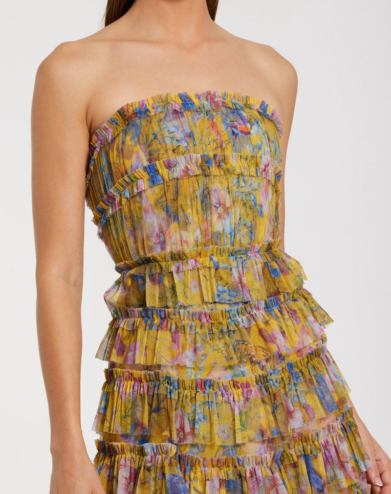 8301-Ruffle Mesh Strapless Midi Dress by Mac Duggal in yellow color for women in Singapore