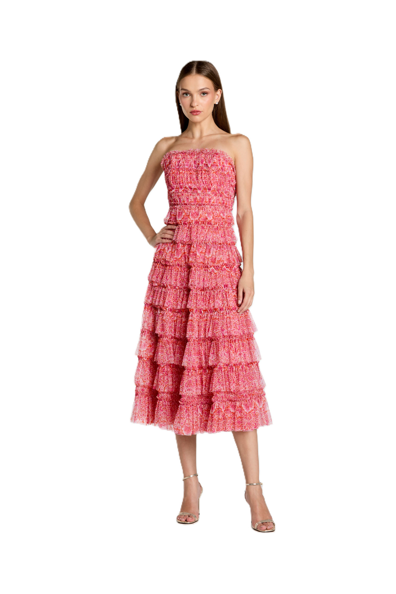 8301 - Pink Floral Strapless Ruffle Maxi Dress polyester cocktail/party dress by Mac Duggal in pink for women in Singapore